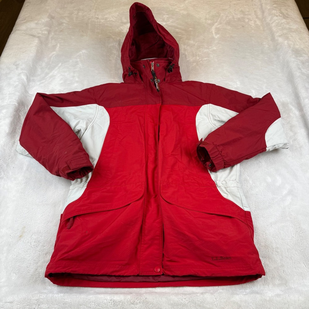 LL Bean Women's Red White Ski Snowboard Jacket Hooded with removable fleece M